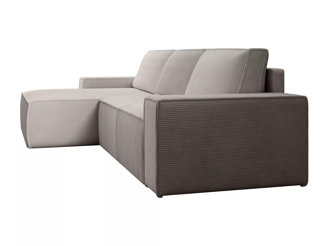 Grand canapé d'angle gauche convertible en velours côtelé beige AMELIA