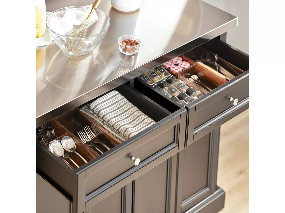Desserte sur roulettes en Bois avec Plans de Travail Rabattable en Acier INOX, FKW71-SCH