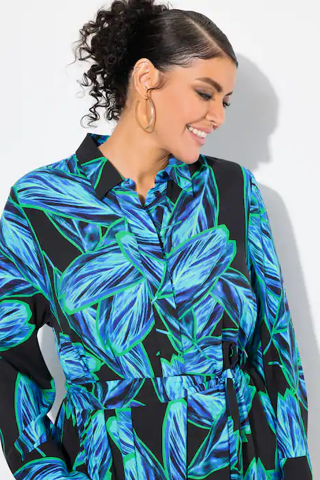 Maxikleid, Blätter, A-Linie, Hemdkragen, Langarm, schwarz
