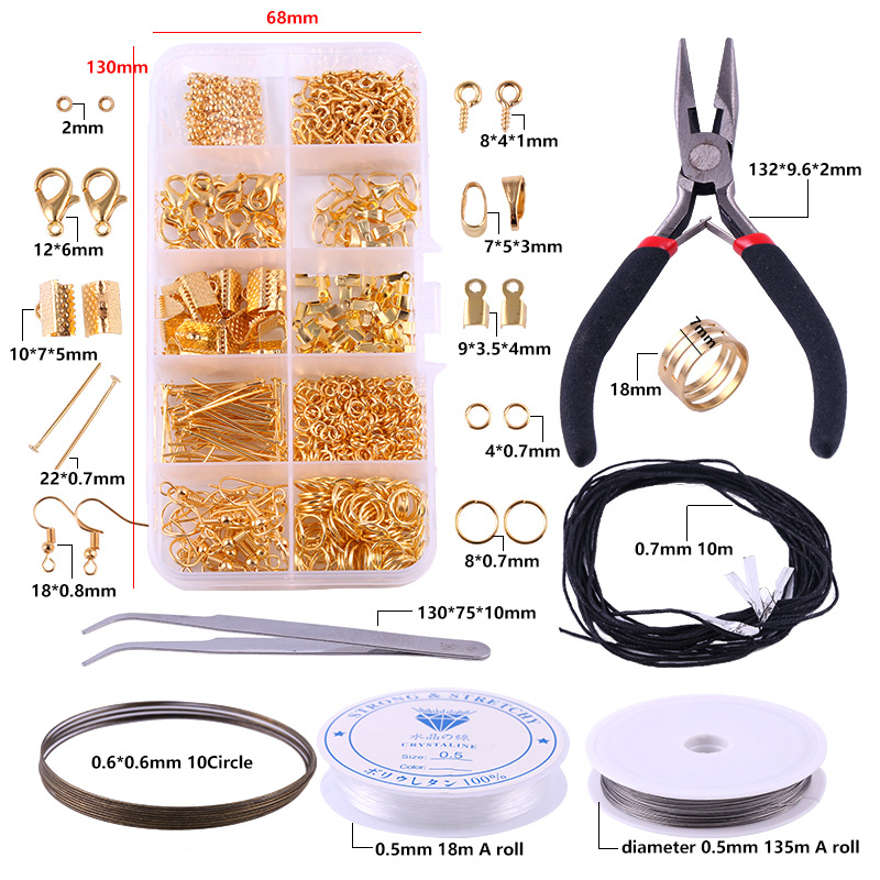 (9-tlg. Set) Edelstahl Schmuck Herstellungs / Reparatur Kit DIY Zubehör inkl. Verschlüsse (600 Stück) für Ohrringe   Ketten - Gold