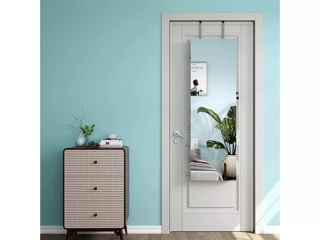 Armoire à Bijoux Murale avec Miroir, Divers Compartiments, Verrouillable, Installable sur Mur ou Porte, 38x10x109cm