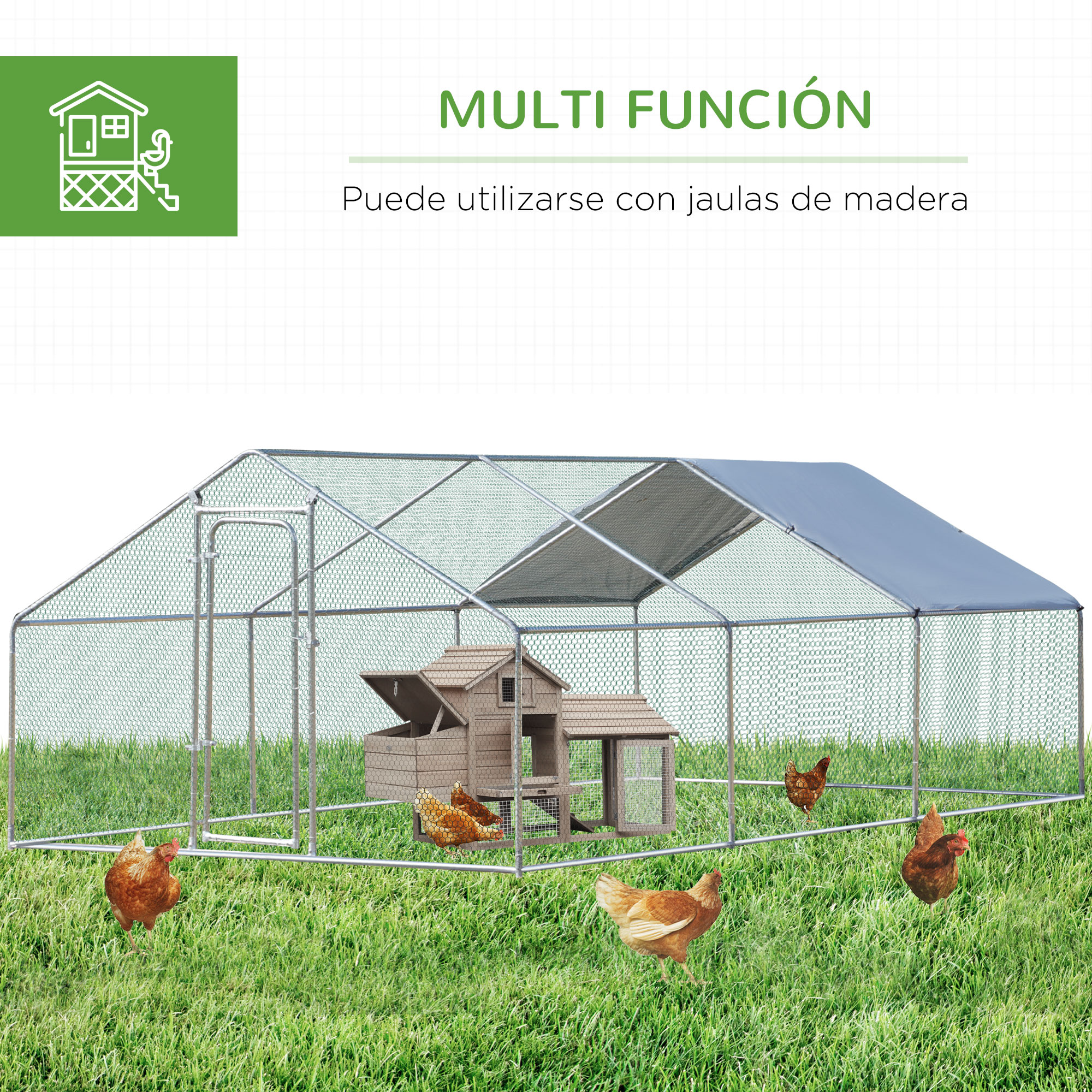 Galinheiro grande PawHut para exterior, em metal galvanizado, 3,03 x 6 x 1,95 m, com 3 compartimentos e cobertura em tecido Oxford resistente à água e aos raios UV, ideal para pátios, cor prata.