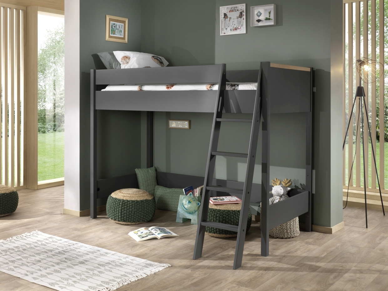 Hochbett LONDON - anthrazit-Buche massiv - 90x200 cm