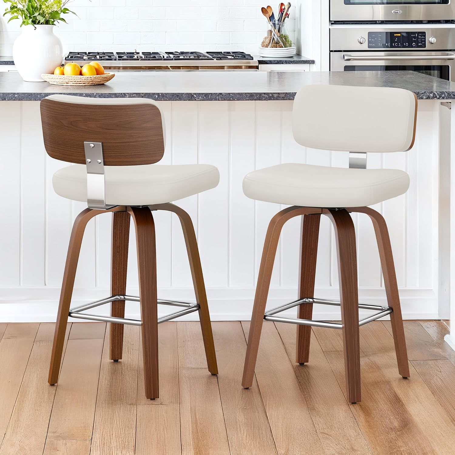 LUE BONA 360°Drehbarer Barhocker 2er Set mit Lehne,67cm Hoch Drehsessel–Barstuhl Holz mit 7cm Kunstleder Sitzfläche,Bar Hocker mit 4 Holzbeinen,Moderner Barstuhl für Küche,Theke,Weiß
