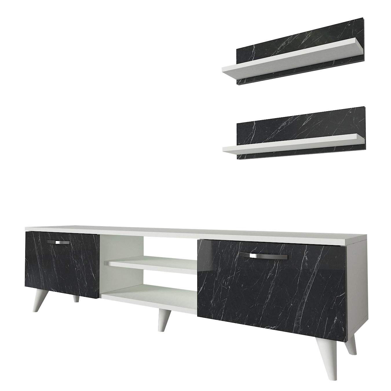 3-teilige Wohnwand - weiß-Marmor - 150 cm