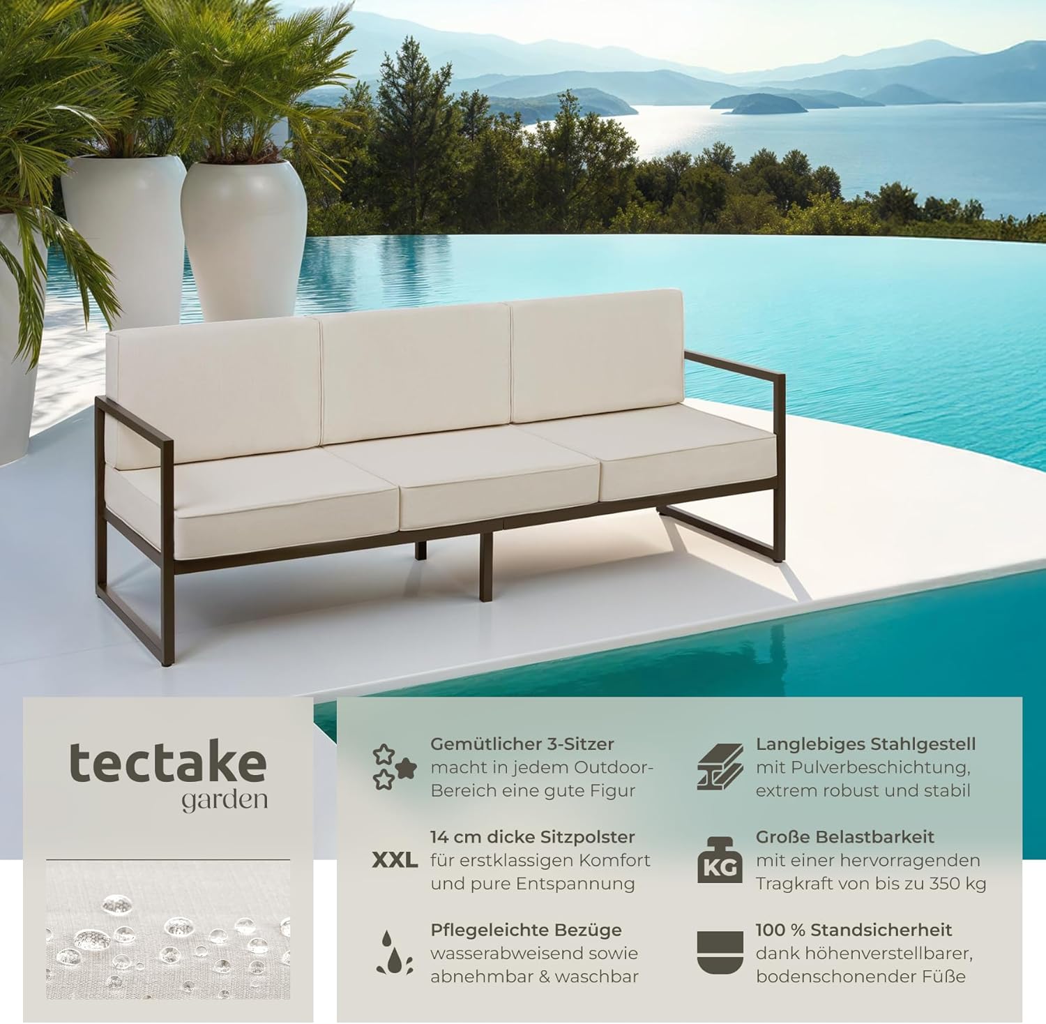 tectake® Garten Lounge Sofa 3 Sitzer, Couch, Gartenmöbel, Balkonmöbel, Terrassenmöbel, Wintergarten Lounge Möbel Outdoor, Gartenbank wetterfest, Sitzbank mit Lehne, Gartenlounge - 3 Sitzplätze
