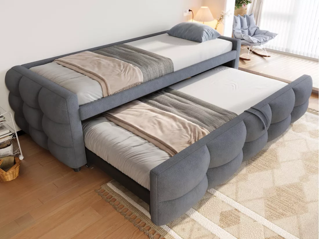 Lit gigogne 90/180x190 cm en velours - avec sommier à lattes - Gris