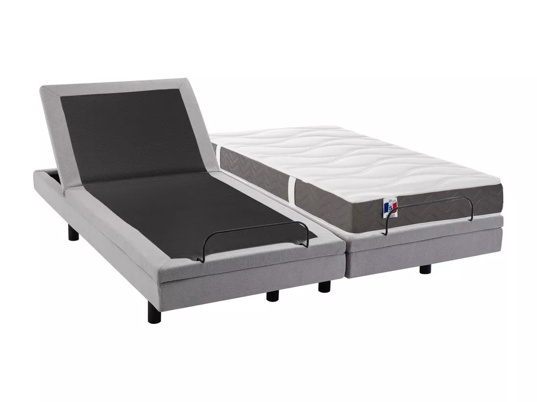 Lit électrique de relaxation déco + matelas 100% latex 3 zones - 2 x 90 x 200 cm - Tissu - Gris - PANISOLA de YSMÉE
