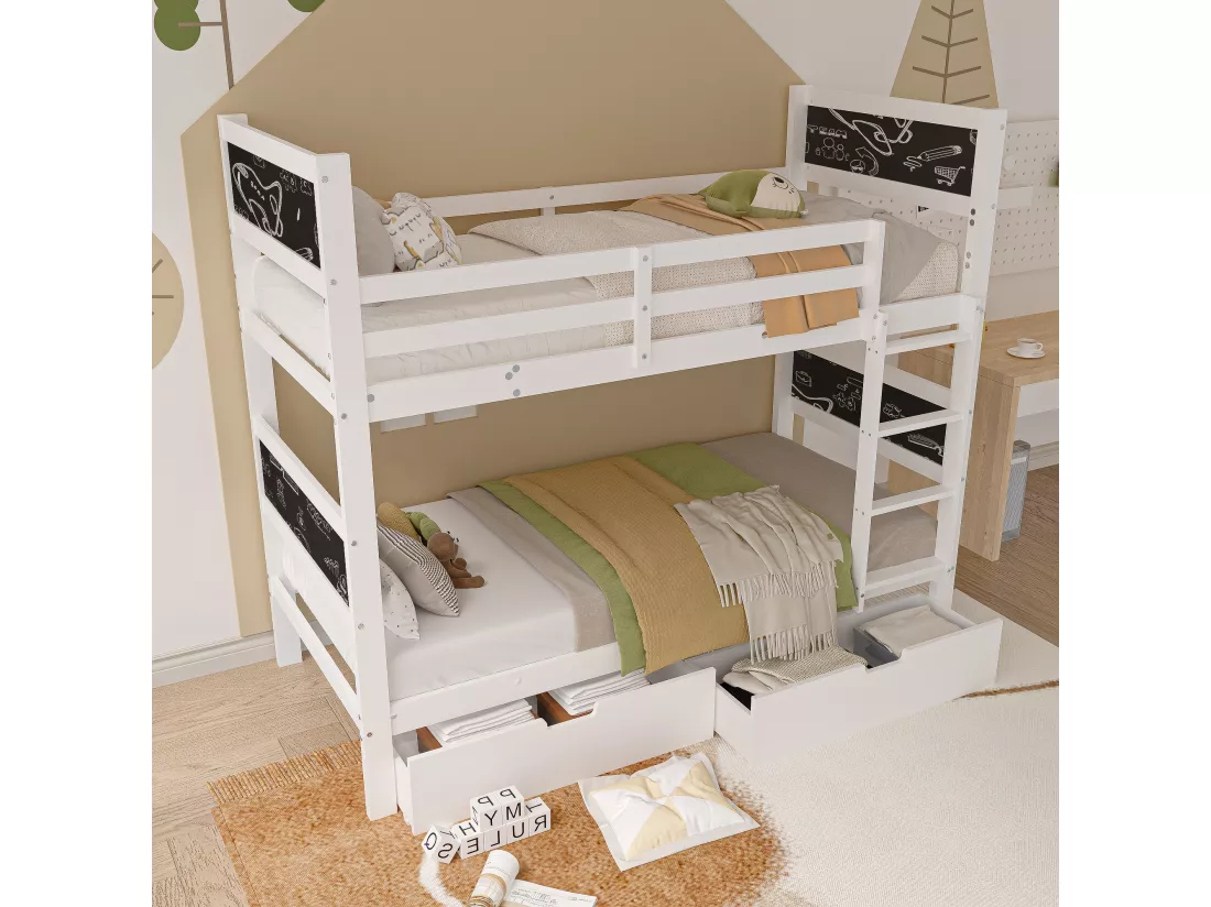 Lit superposé pour enfant - 90x200 cm - avec 4 tableau noir et 2 tiroirs - avec sommiers à lattes - Blanc