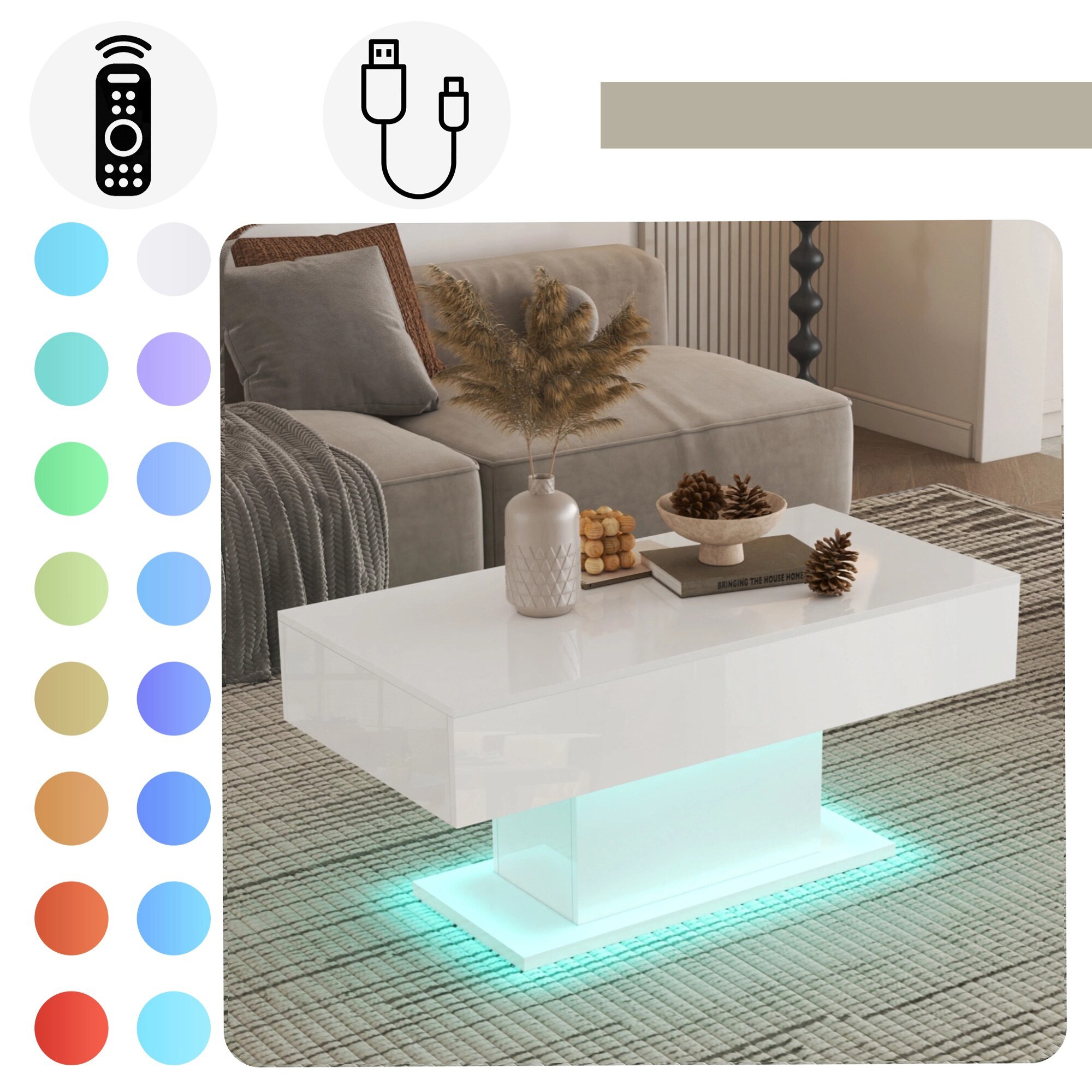 Makika Couchtisch mit LED Beleuchtung USB / Design Wohnzimmertisch Hochglanz in Weiß
