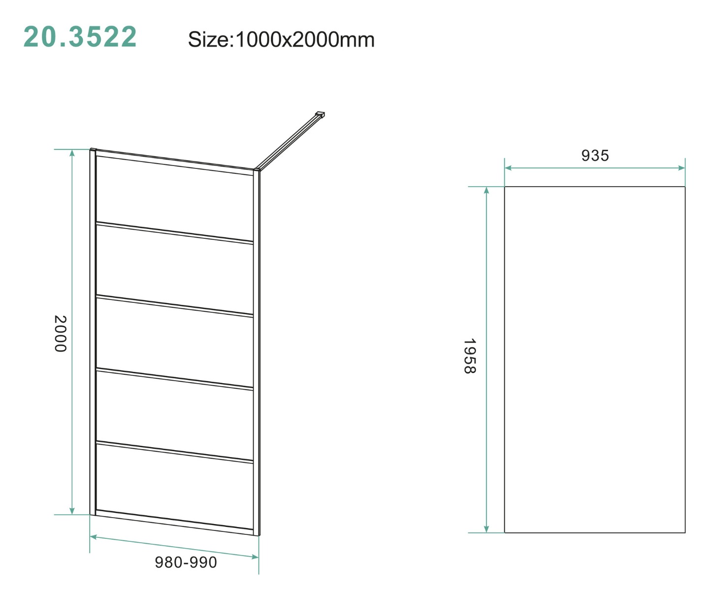 Mueller Skyline inloopdouche 100x200cm mat zwart raster 8mm NANO