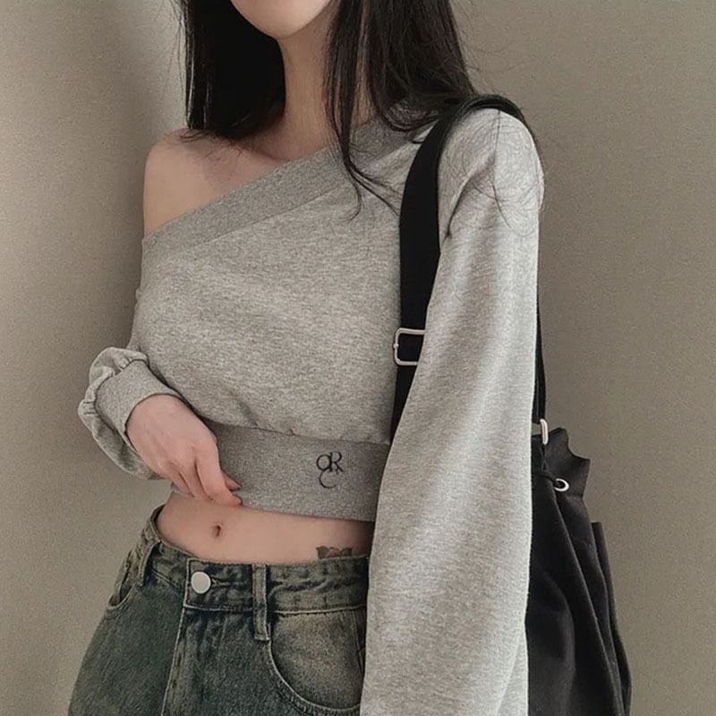 Sosana - Sweatshirt met pofmouwen en koude schouders, effen cropped