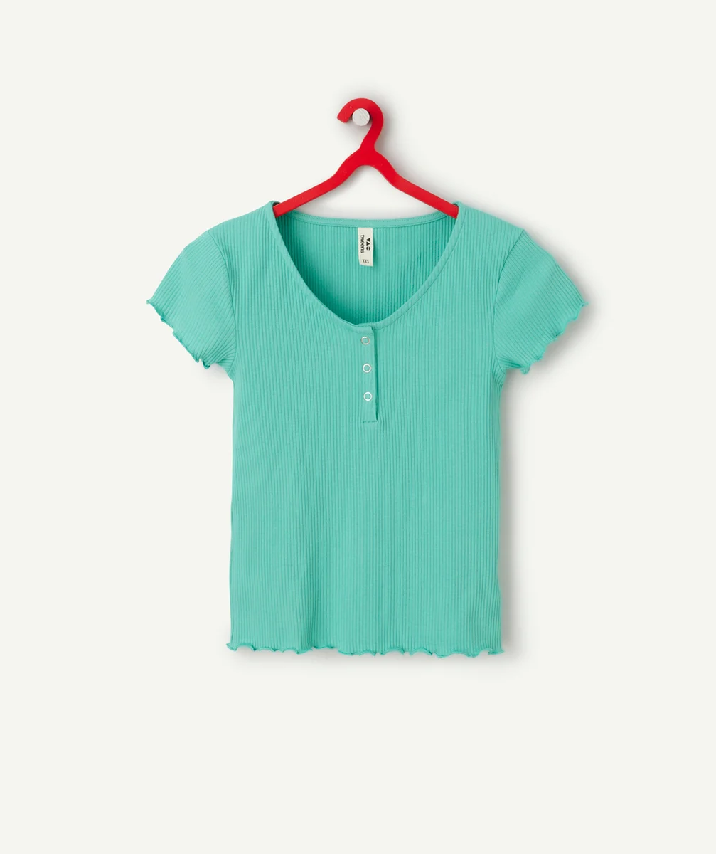 t-shirt manches courtes fille en coton bio côtelé vert
