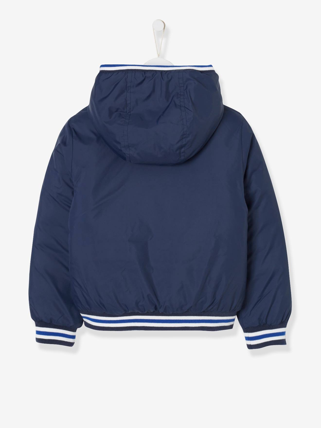 Jaqueta lisa azul-escura reversível para meninos com estampas.