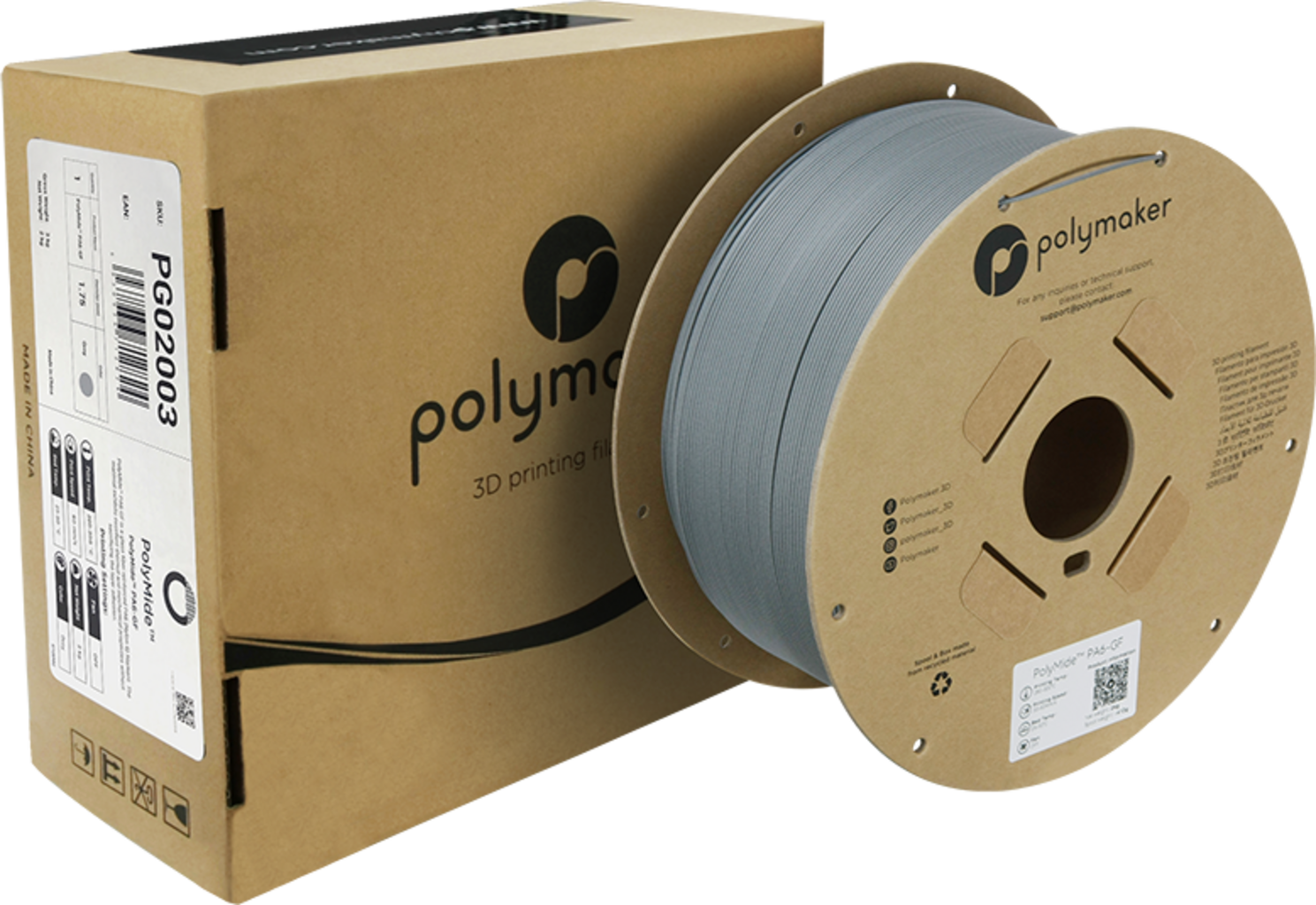 Polymaker  PolyMide PA6-GF Grau, 1,75 mm / 2000 g    Glasfaserverstärktes Nylon in Grau