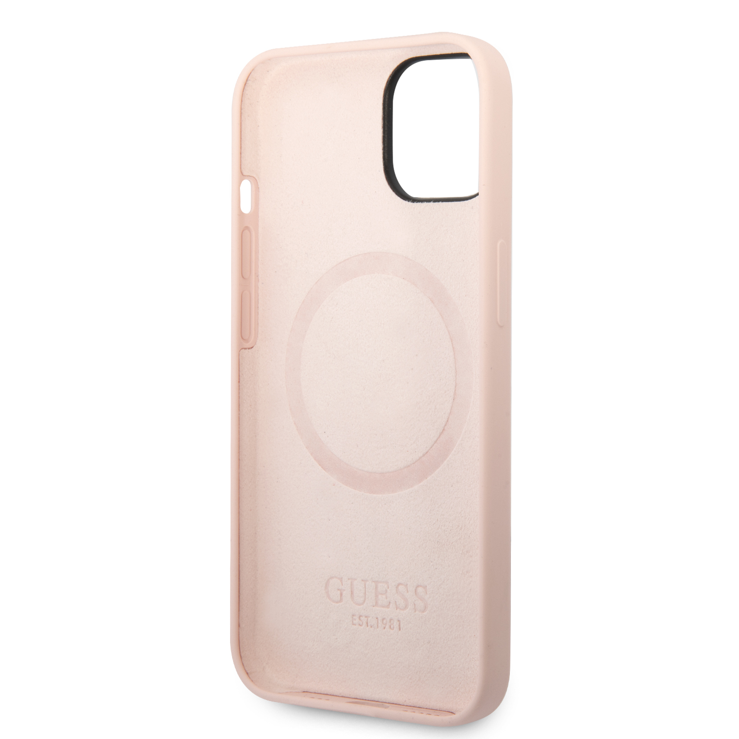 iPhone 14 MagSafe Silikon Hardcase Hülle Logo Plate (GUHMP14SSBPLP) - Rosa / Gold