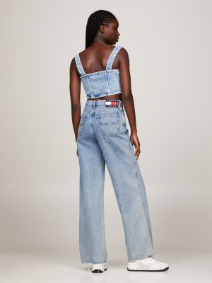 Top cropped jeans com fivela e alças.