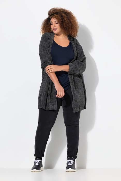 Chenille-Strickjacke, Oversized, V-Ausschnitt, offene Form