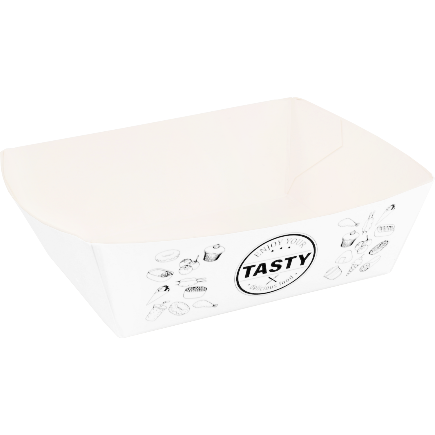 Bak, Karton + kleicoating, A7, TASTY, snackbak, 90x70x35mm, wit