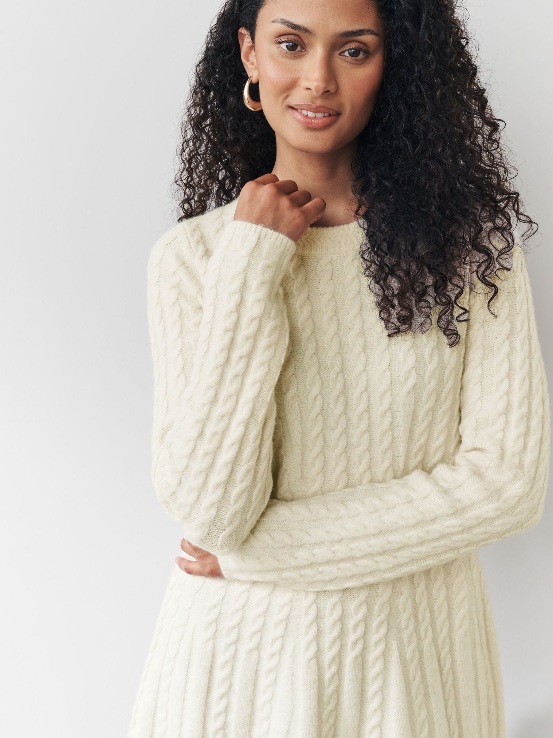 Ecru - Cable Knit Mini Jumper Dress