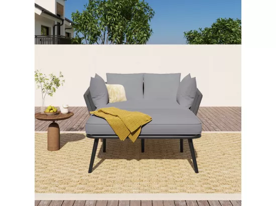 Bain de soleil，canapé de jardin - en acier galvanisé et corde tressé - 2 places - Gris