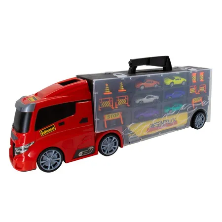 Idena Spiel-Truck mit integriertem Autokoffer, inklusive 6 Spielzeugautos und 10 Verkehrszeichen