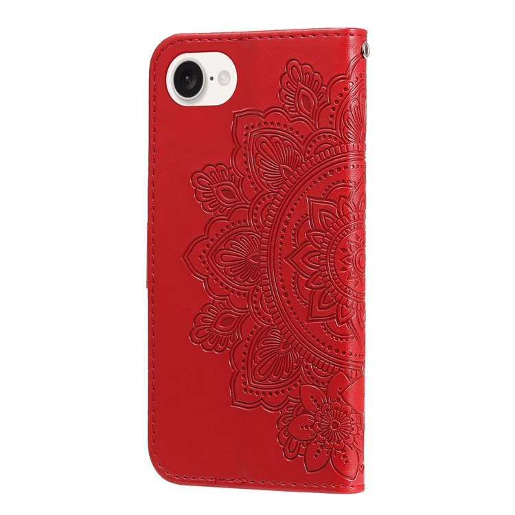 iPhone 16e Leder Tasche Wallet - Mandala Flowers Imprint - Rot