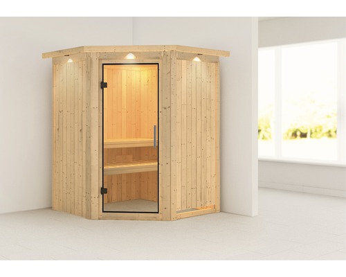 Plug & Play Sauna Karibu Achat II zonder kachel, met dakrand en volledig glazen deur van helder glas