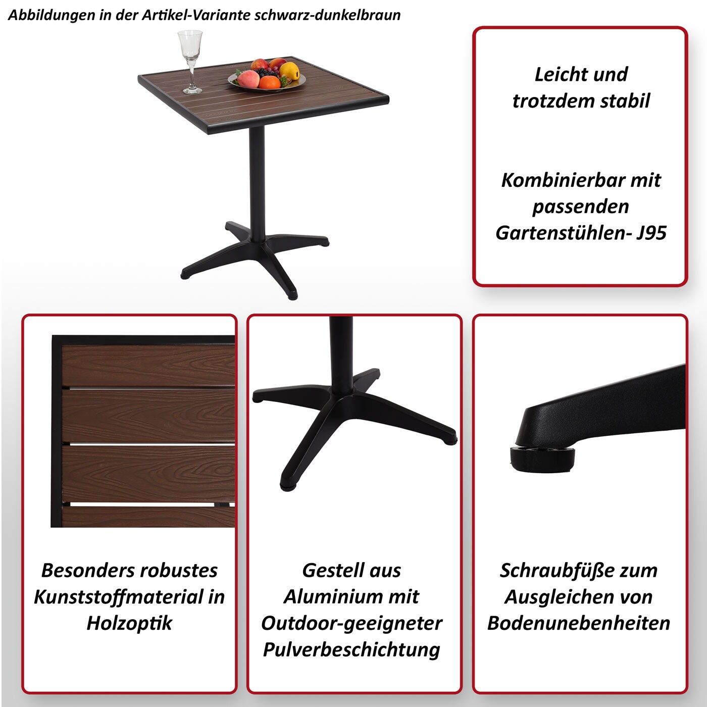 Gartentisch MCW-J95, Balkontisch Bistrotisch, Gastronomie Outdoor-Beschichtung Alu Holzoptik ~ schwarz, dunkelbraun
