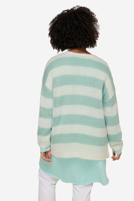 Strickjacke, oversized, Blockstreifen, offene Form, V-Ausschnitt, Langarm