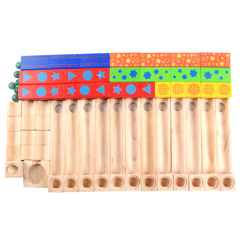 (52-tlg. Set) Holz Kinder Kugelbahn DIY Murmelbahn Lern Spielzeug Bausteine inkl. Murmeln - Bunt