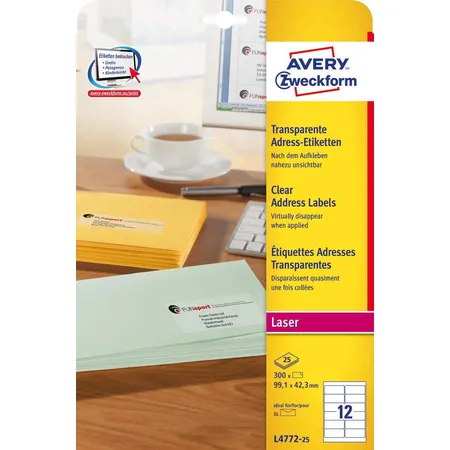 Avery Zweckform L4772-25 Adress-Etiketten,A4 99,1 x 42,3 mm, 25 Bogen/300 Etiketten, transparent