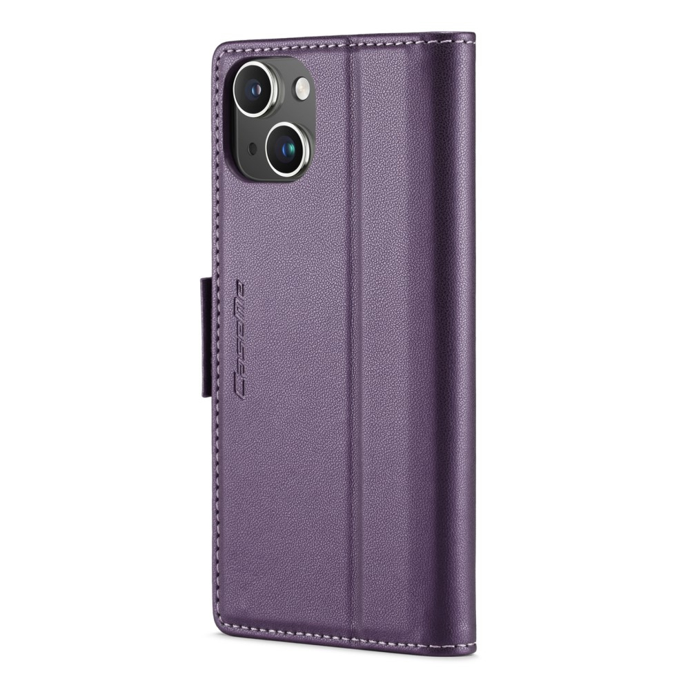 iPhone 14 Leder Tasche Flip Wallet Etui mit Kartenfächern Litchi Look (RFID Schutz) - Violett