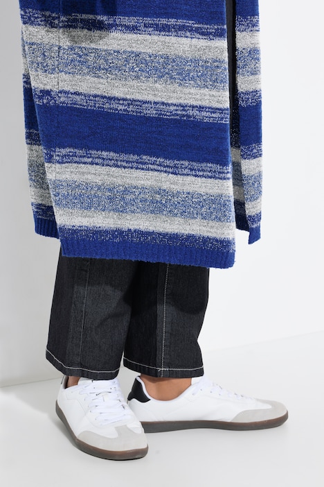 Strickjacke, extra lang, offene Form, Blockstreifen