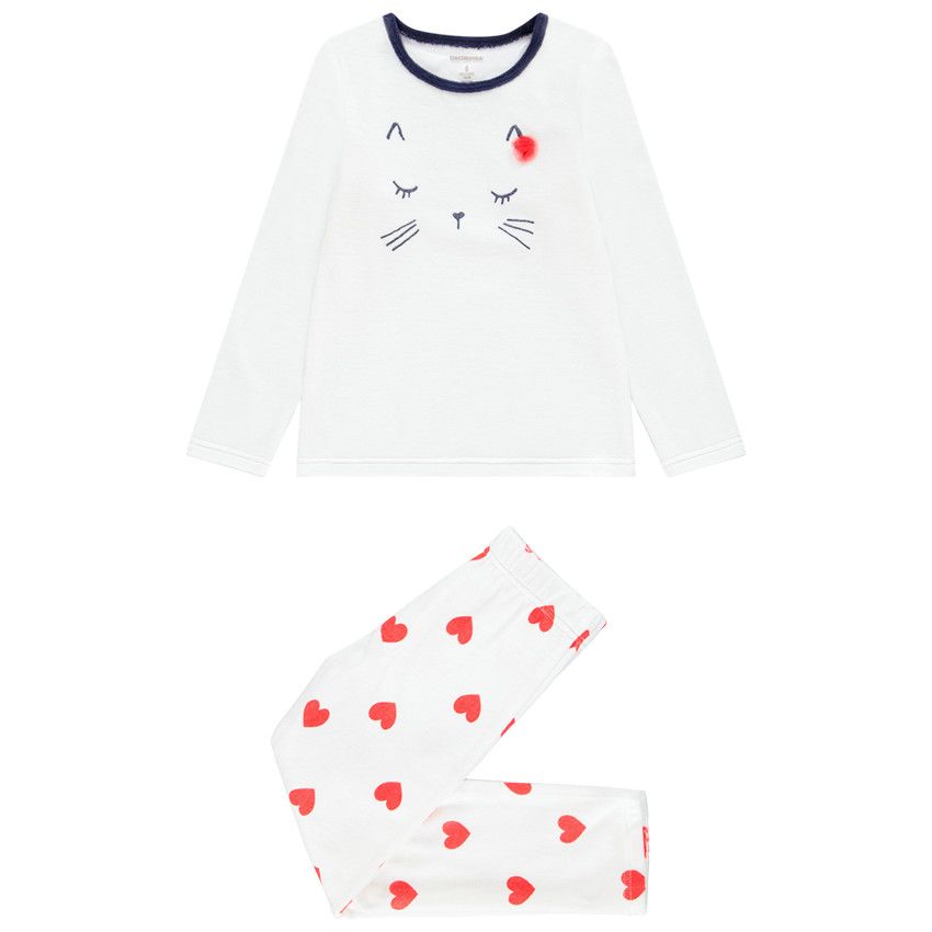 Pyjama en velours motif chat et coeurs pour enfant fille - Ecru