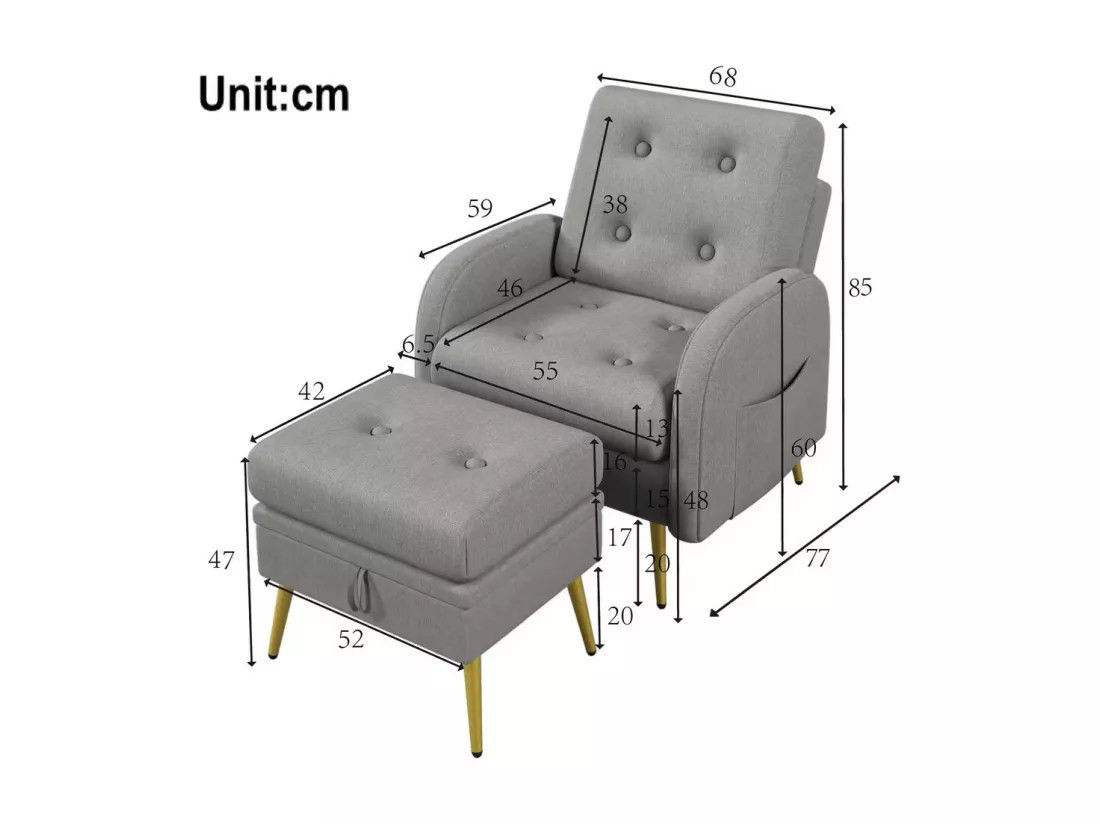 Fauteuil avec repose-pieds - dossier réglable - Gris