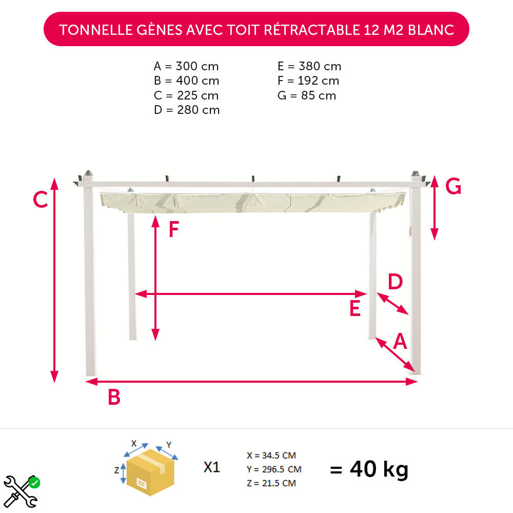 Tonnelle Gènes avec toit rétractable 12 m² blanc