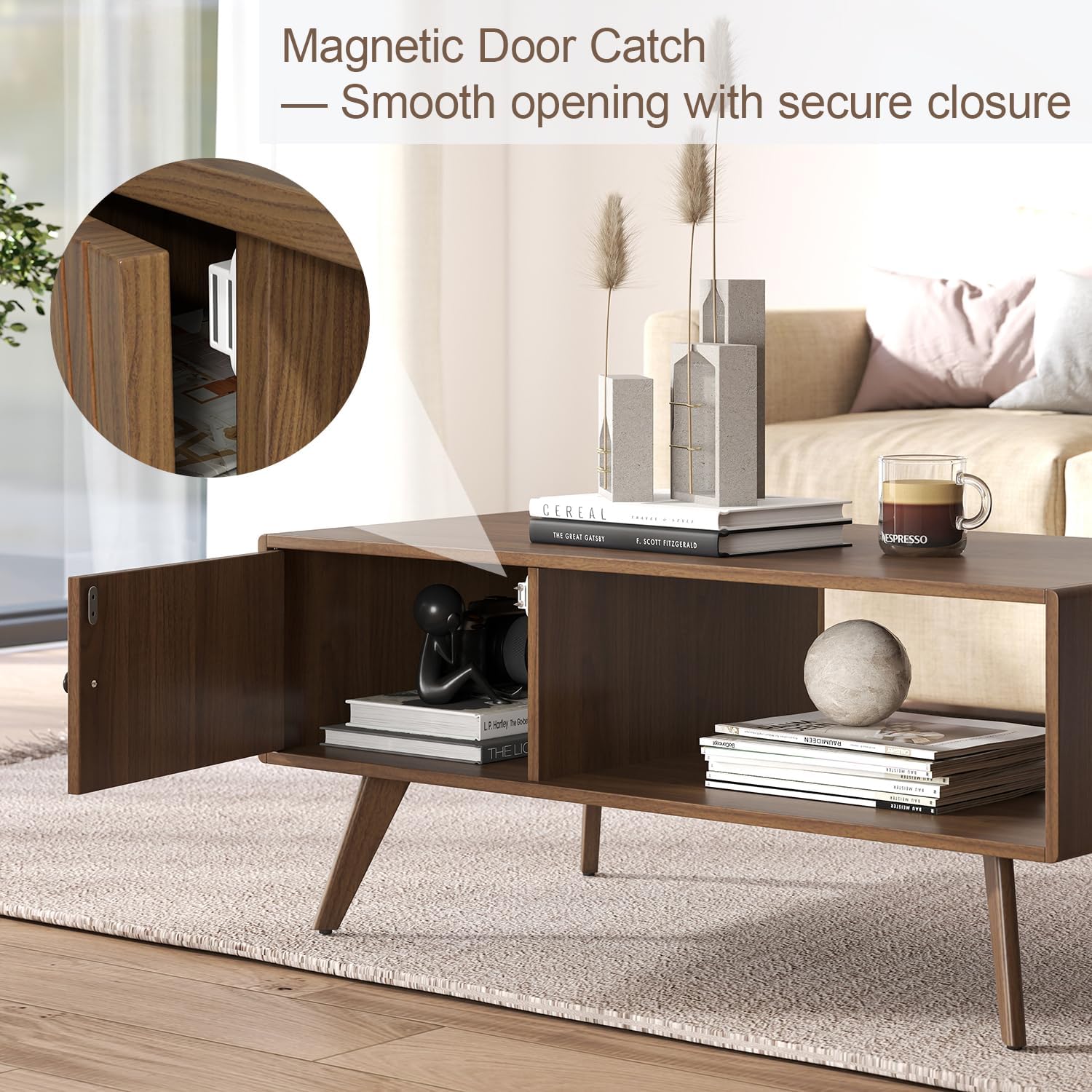 Manora Couchtisch Nussbaum - Couchtisch mit Stauraum (Schließfächer + Offenes Regal), 105x55x45cm, Moderner Wohnzimmertisch Braun für Wohnzimmer
