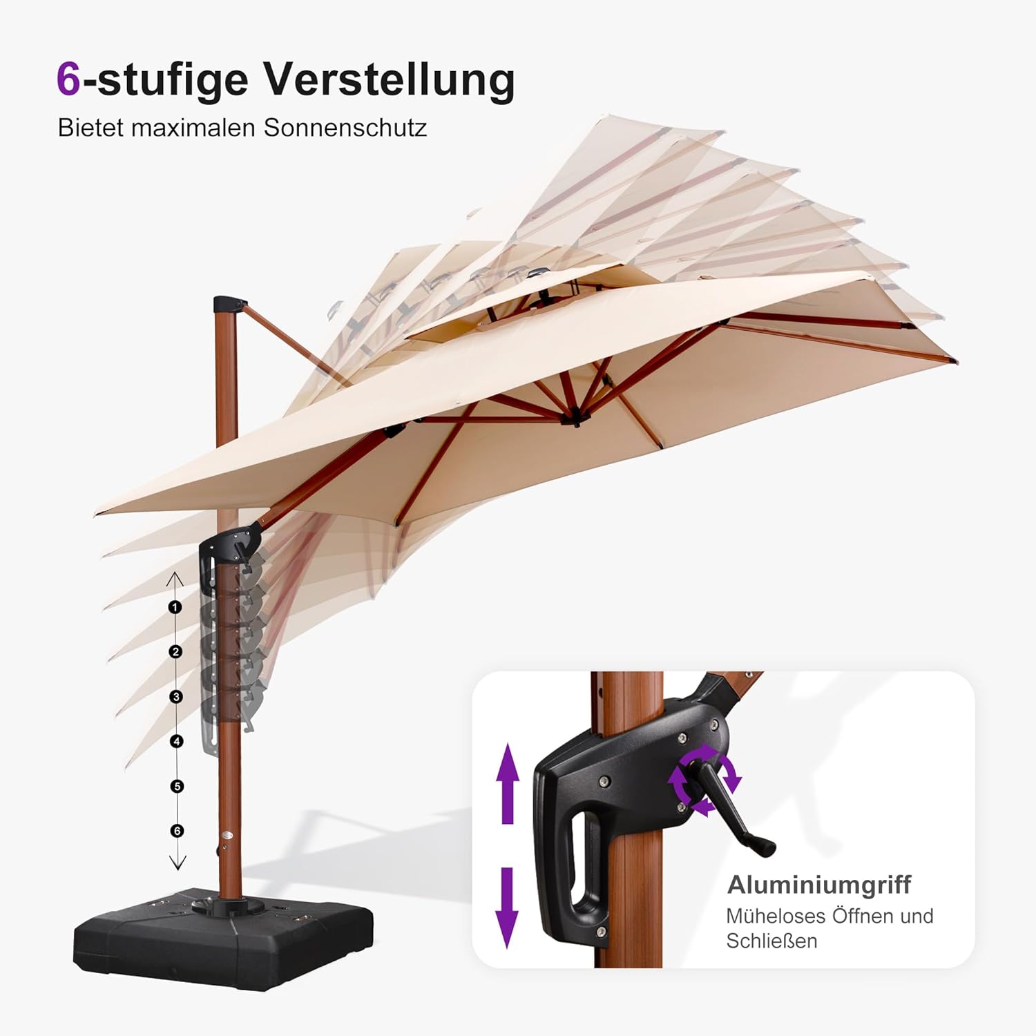 PURPLE LEAF Alu Holzoptik Ampelschirm Rechteckig 300 x 400 cm Rechteckig Sonnenschirm Groß 360° Drehbar Doppeldach Gartenschirm mit Kurbel Doppeldach, Beige