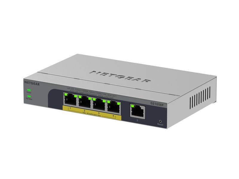 Netgear PoE  Switch GS105EP-100EUS 4 Port 5-Port Gigabit Ethernet PoE  Plus Switch, PoE Budget 63 W, lüfterlos, Metallgehäuse
