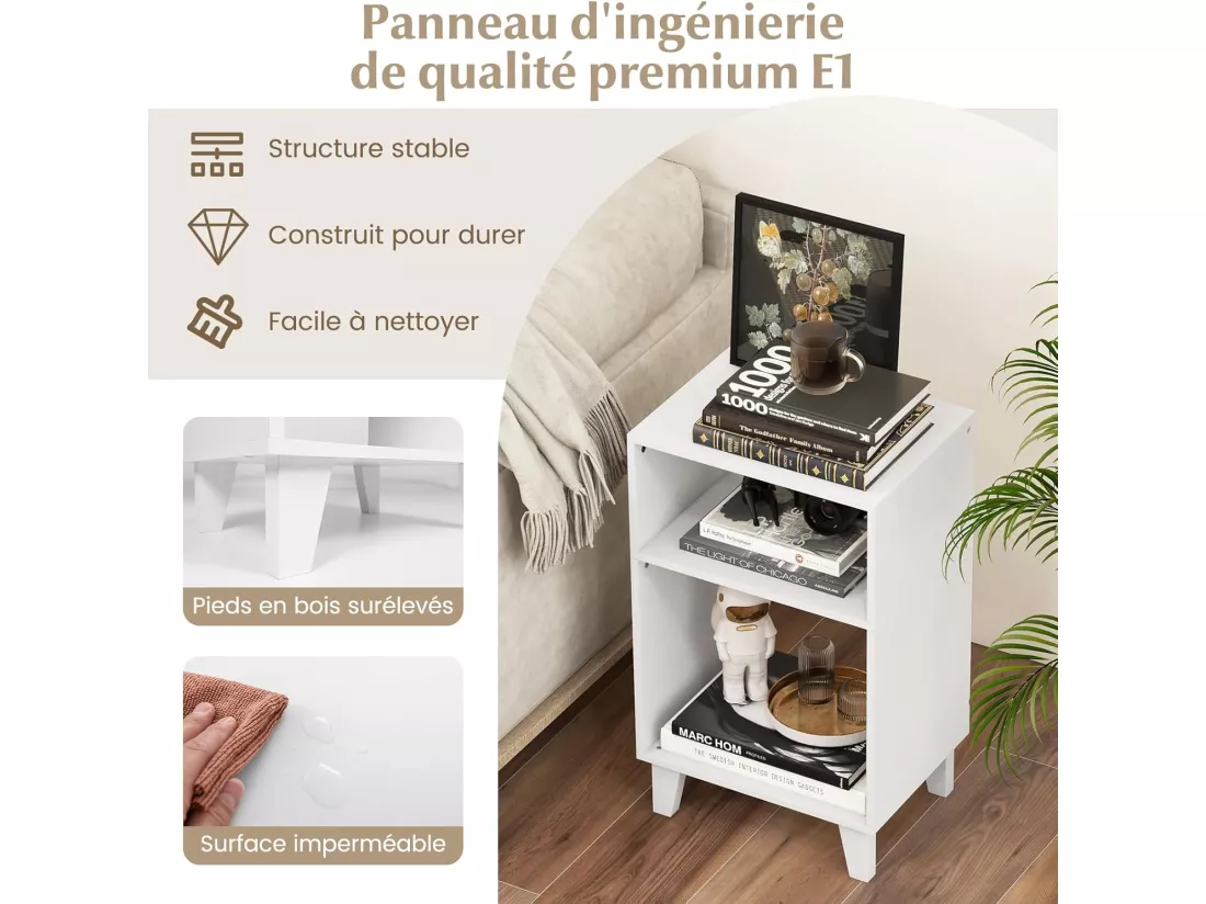 Table d'appoint 3 étagères, bout de canapé 4 pieds surélevés,39,5 x 29,5 x 65 cm