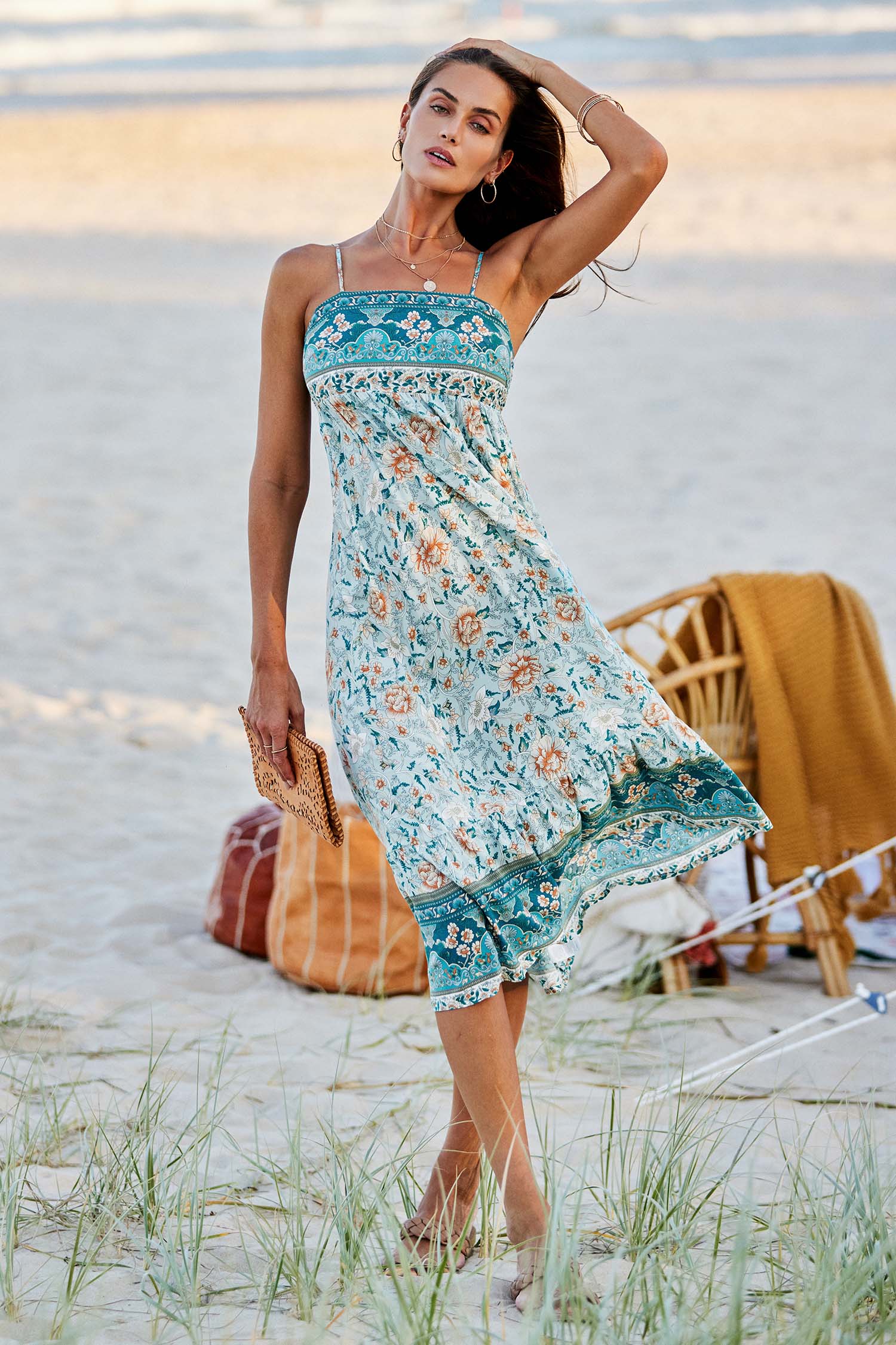 Robe maxi boho à col carré bleue