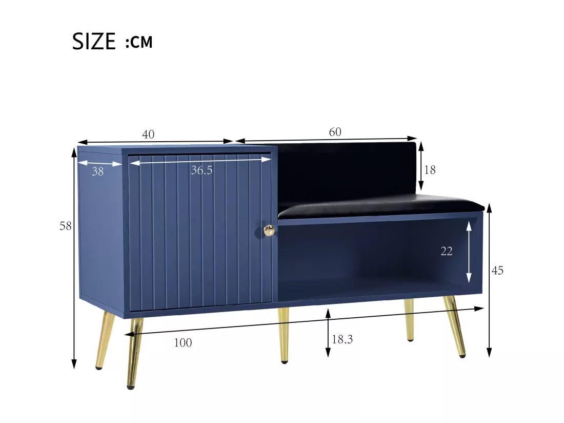 Meuble à chaussures - avec banquette et 2 compartiments - avec poignées et pieds en métal - style moderne - Bleu