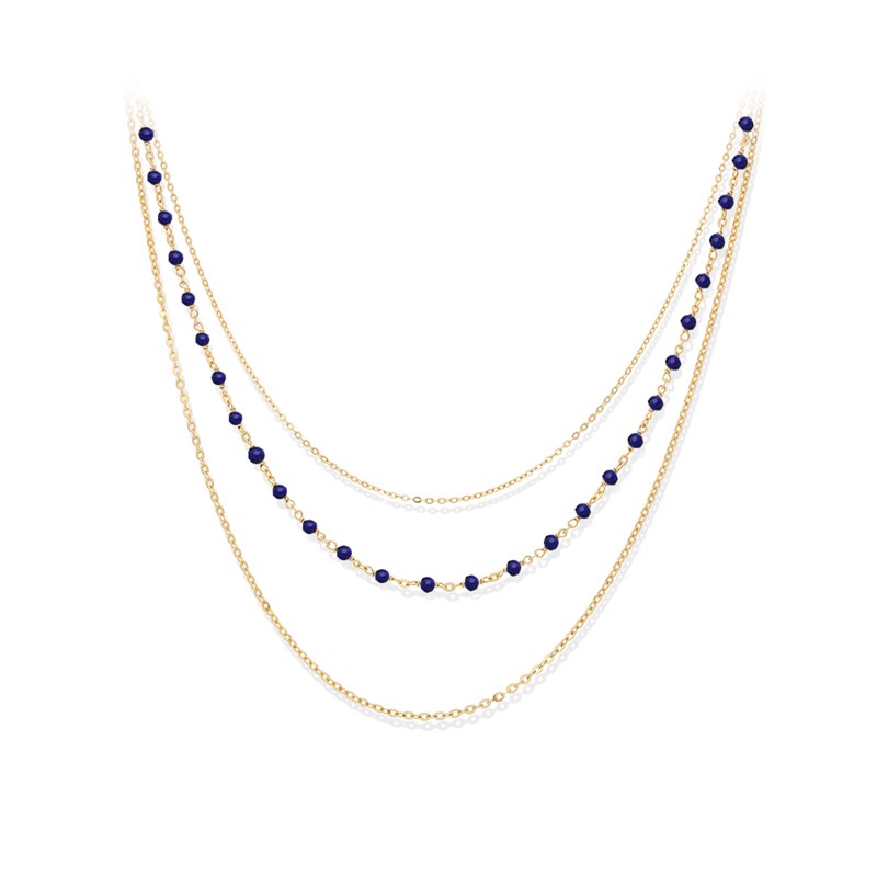 Collier Triple Argent Doré Petite Perles Pierre Lapis