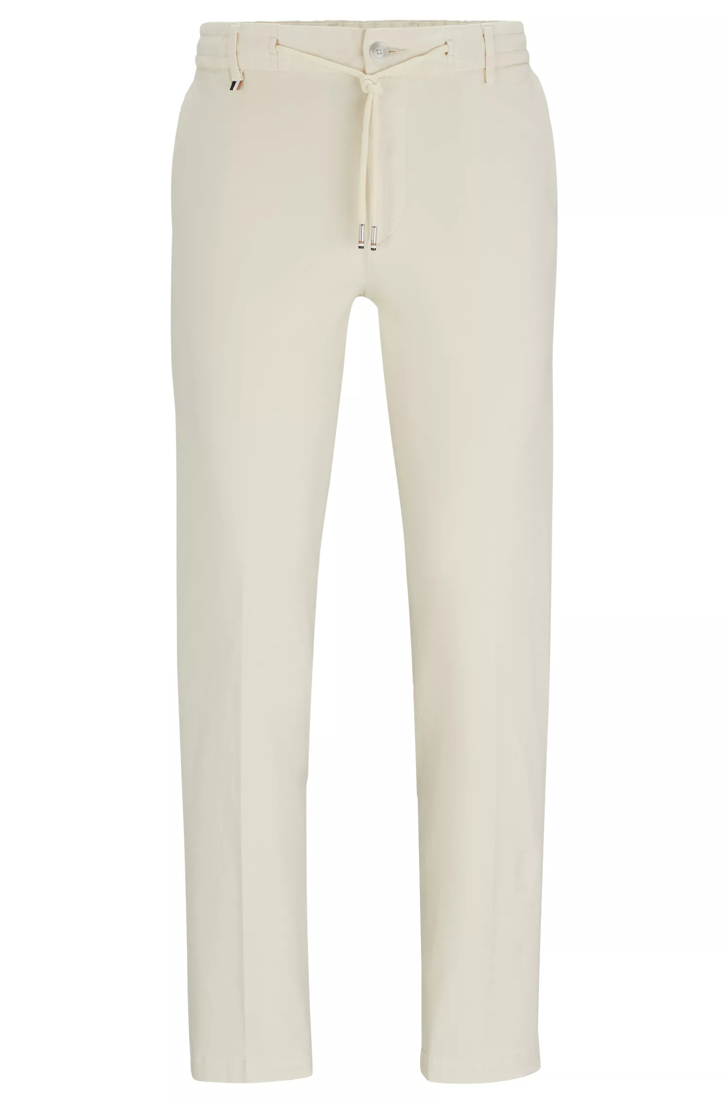 Calça BOSS preta, corte slim, em linho, algodão e elastano.