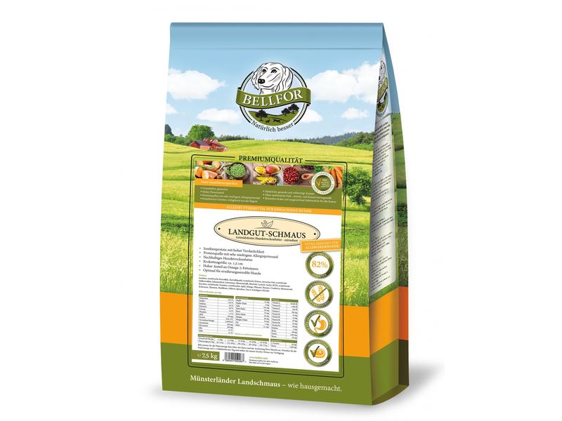 Bellfor Trockenfutter Landgut-Schmaus Insekten, 7.5 kg Hypoallergenes Trockenfutter für Hunde