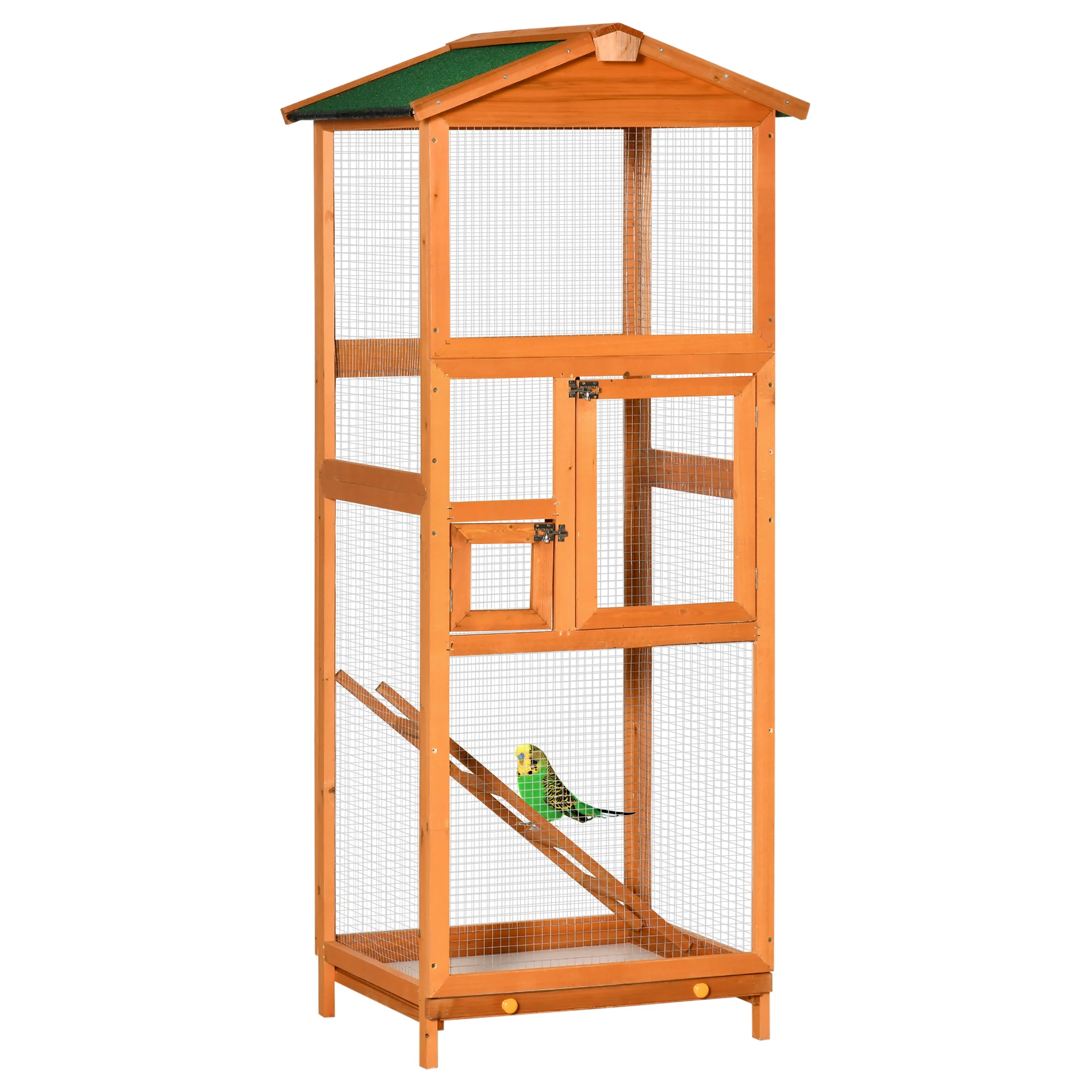Gaiola grande para pássaros PawHut, 68x63x165 cm, em madeira de abeto, com 2 portas, bandeja removível e telhado de asfalto.