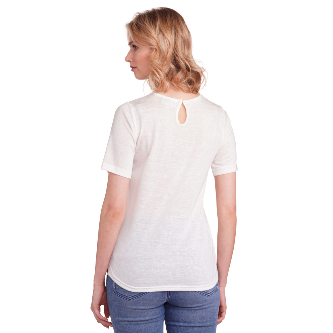 Gina Damen T-Shirt mit Spitzenausschnitt weiss