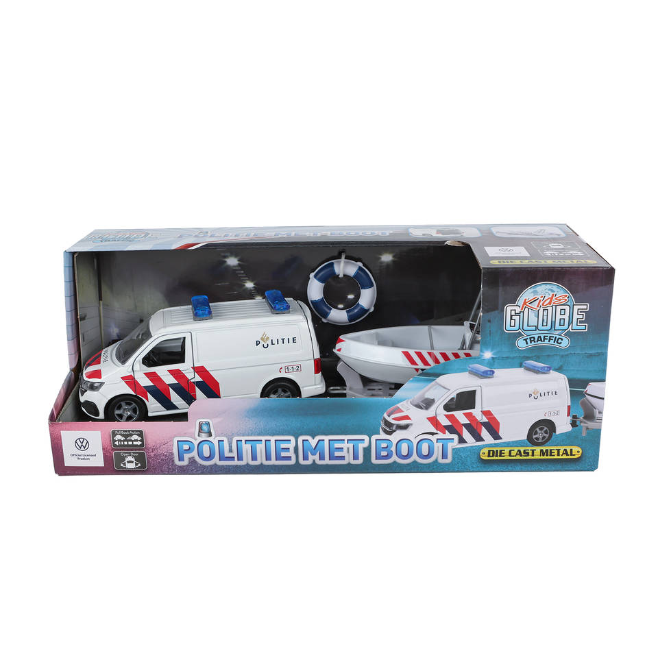 Kids Globe Traffic VW Transporter politiewagen met boot