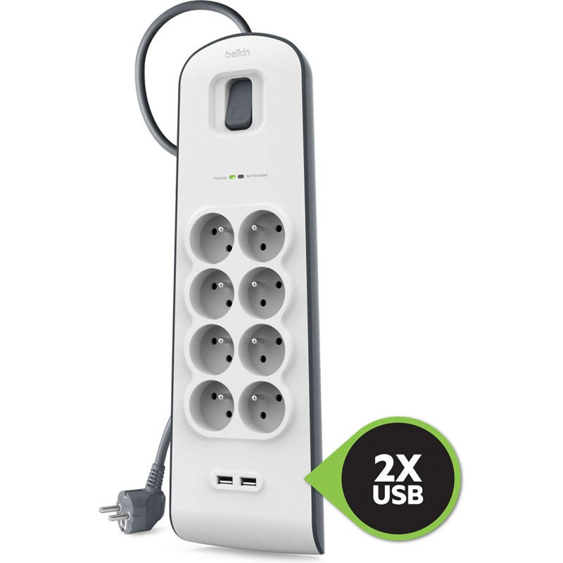 Multiprise parafoudre 8 prises + 2 USB A blanche Belkin